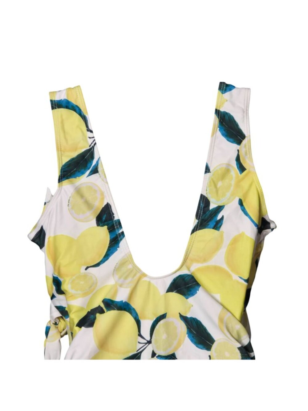 Lemon Print One‑Piece Swimsuit LG Wrap Tie V Neck Ruched Sides Lined - Picture 7 of 9